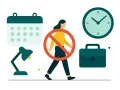 Symbol zakazu dla osoby idącej, obok kalendarza, zegara i teczki. Oznacza nieobecność nieusprawiedliwiona.