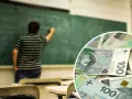 Nauczyciel pisze na tablicy, a obok stos polskich banknotów. Czy zarobki nauczycieli są wystarczające?