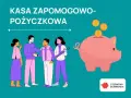 Kasa zapomogowo-pożyczkowa: ludzie zawierają umowę, a obok różowa świnka-skarbonka przyjmuje monety.