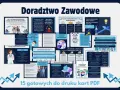 Plakat informacyjny o doradztwie zawodowym, zawierający karty PDF z poradami dla młodzieży. Pomaga w wyborze ścieżki edukacyjnej i kariery.