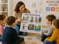 Nauczycielka omawia z dziećmi zasady bezpieczeństwa, pokazując ilustracje dotyczące przechodzenia przez ulicę, jazdy na rowerze i kontaktu z obcymi. Edukacja dla bezpieczeństwa jest kluczowa.