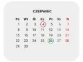 Kalendarz Czerwiec. 26 czerwca, kiedy kończy się rok szkolny, zaznaczone zieloną obwódką.