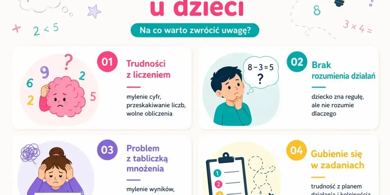 Objawy dyskalkulii u dzieci: trudności z liczeniem, brak rozumienia działań, problemy z tabliczką mnożenia, gubienie się w zadaniach.