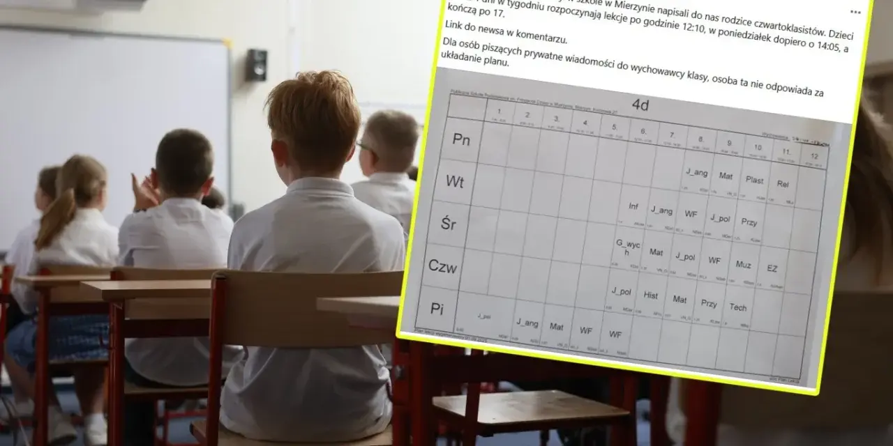 Uczniowie klasy 6 siedzą w ławkach, patrząc na plan lekcji. Widać zajęcia z języka angielskiego, matematyki i WF.