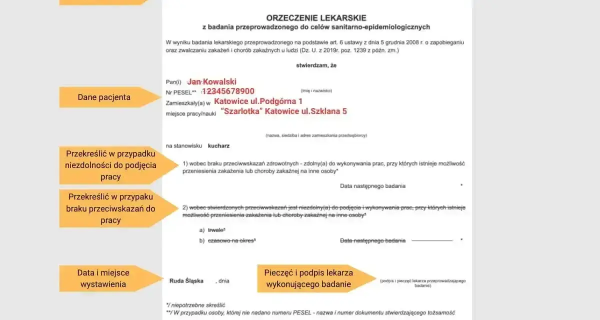 Orzeczenie lekarskie dla kucharza Jana Kowalskiego. Określa, ile jest ważna książeczka sanepidowska i czy istnieją przeciwwskazania do pracy.
