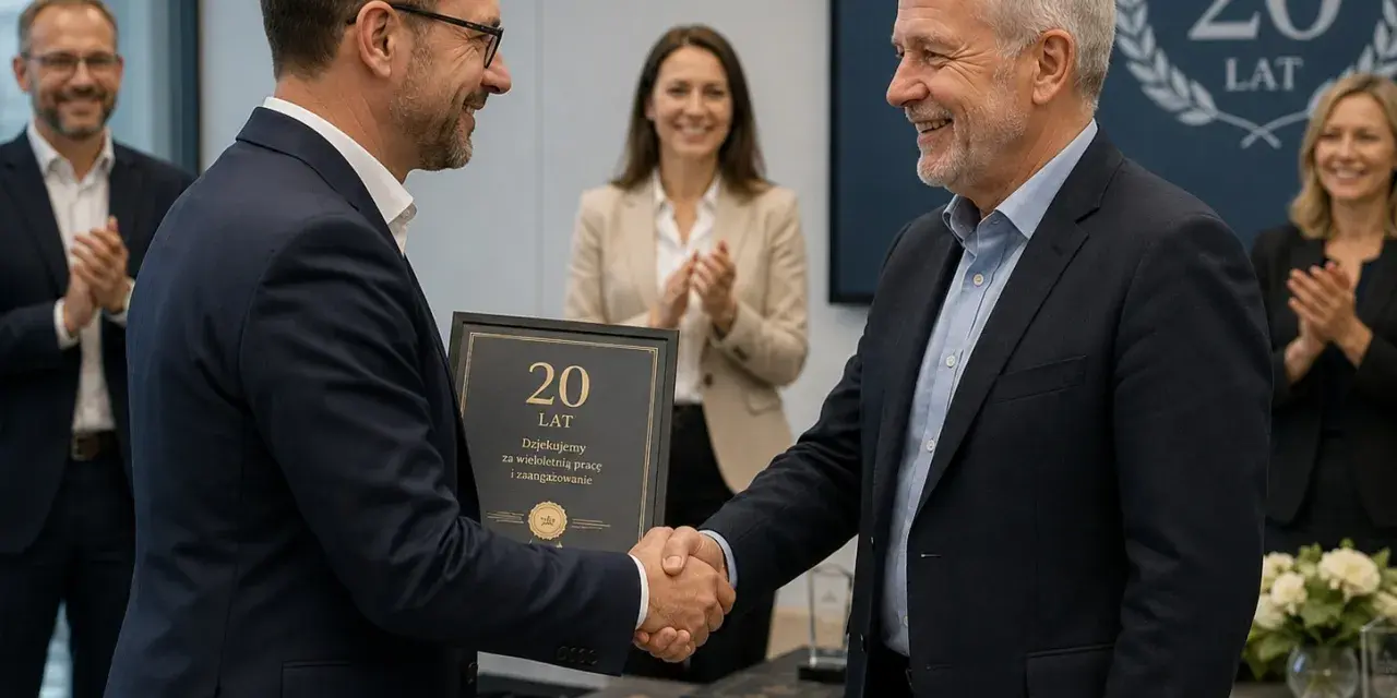 Wręczenie nagrody jubileuszowej pracownikowi samorządowemu za 20 lat pracy. Uroczystość z udziałem współpracowników.