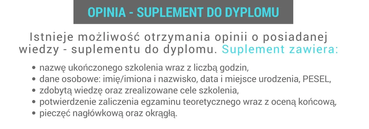 Opinia - suplement do dyplomu zawiera dane szkolenia, osobiste, wiedzę, ocenę egzaminu i pieczęcie.