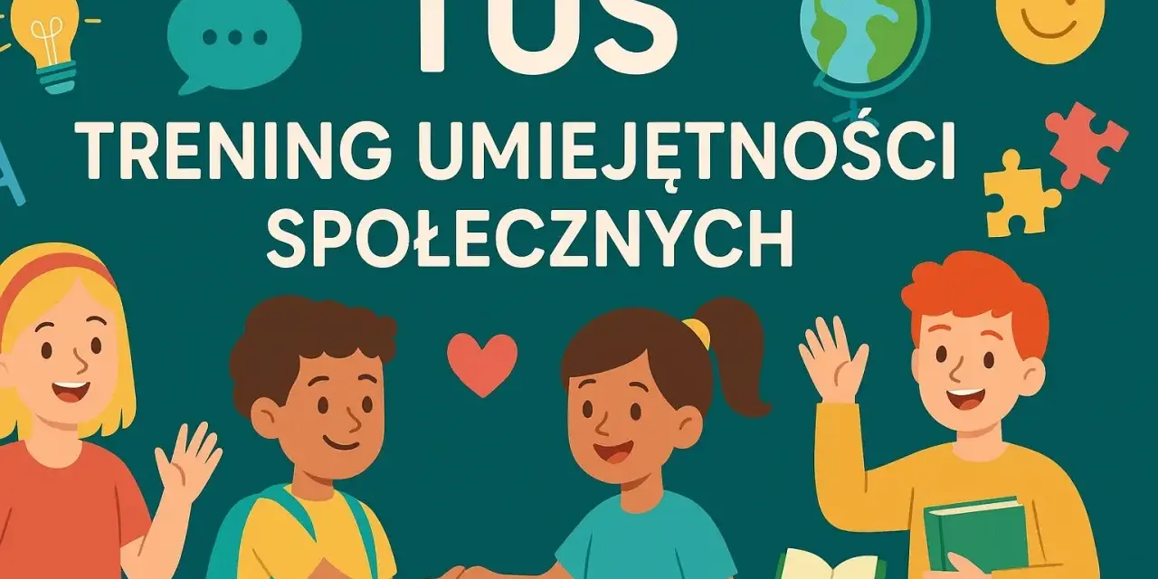 Dzieci uczą się budować relacje podczas treningu umiejętności społecznych. Uśmiechy, podania dłoni i symbole przyjaźni.