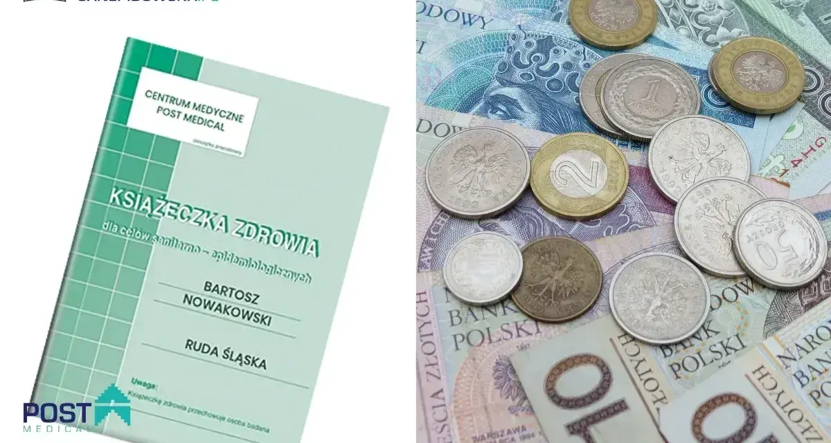 Książeczka zdrowia dla celów sanitarno-epidemiologicznych obok polskich monet i banknotów.