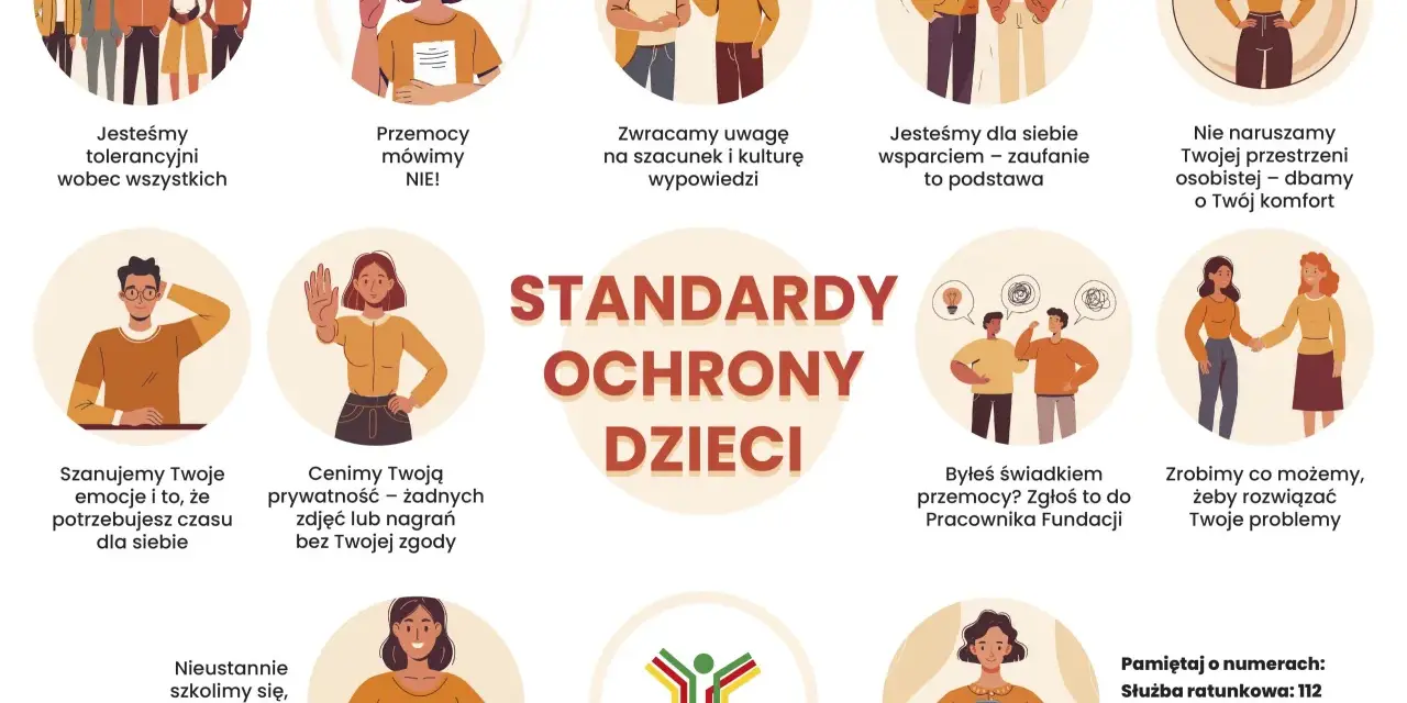 Grafika przedstawia zasady ochrony dzieci, w tym informacje o przemocy i szacunku. Nie ma tu wzmianki o rejestrze sprawców na tle seksualnym.