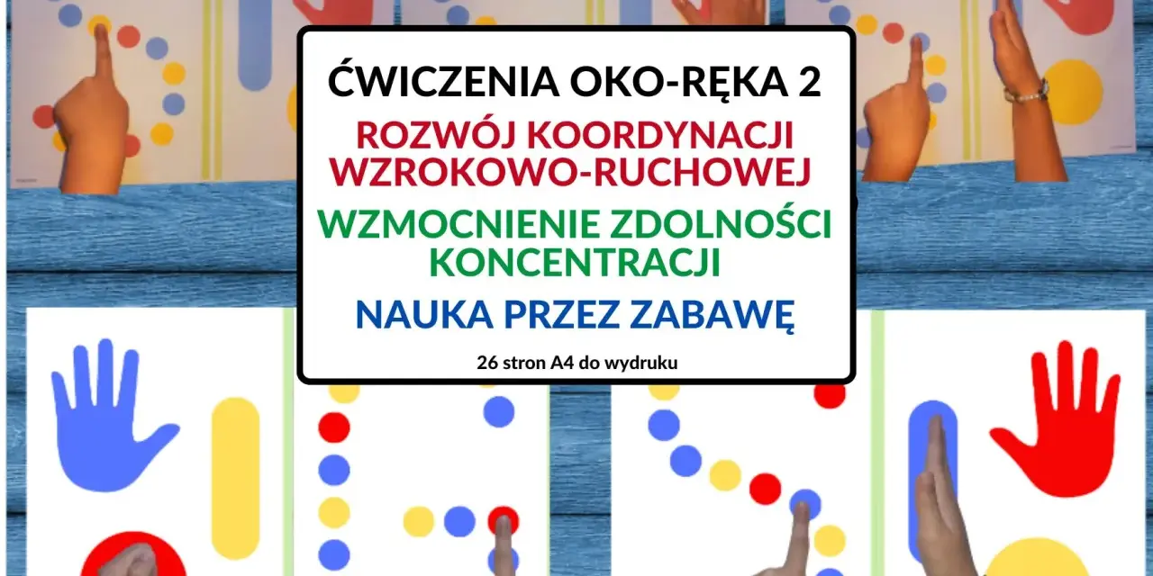 Ćwiczenia rozwijające koordynację wzrokowo-ruchową. Dzieci wskazują palcami kolorowe kropki na kartach.
