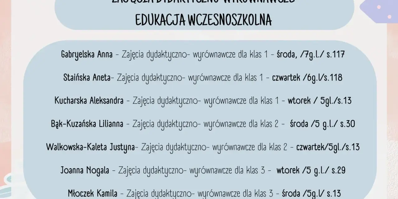 Lista zajęć pozalekcyjnych: dydaktyczno-wyrównawczych dla edukacji wczesnoszkolnej, z podziałem na klasy, dni i sale.