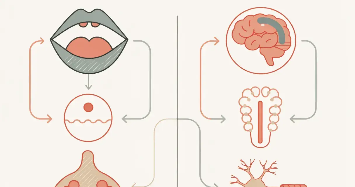 Ilustracja przedstawia schemat połączeń między ustami, mózgiem, neuronem i gruczołami.
