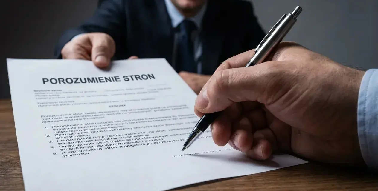 Uśmiechnięty mężczyzna podaje dokument "Porozumienie stron", a druga osoba podpisuje go.