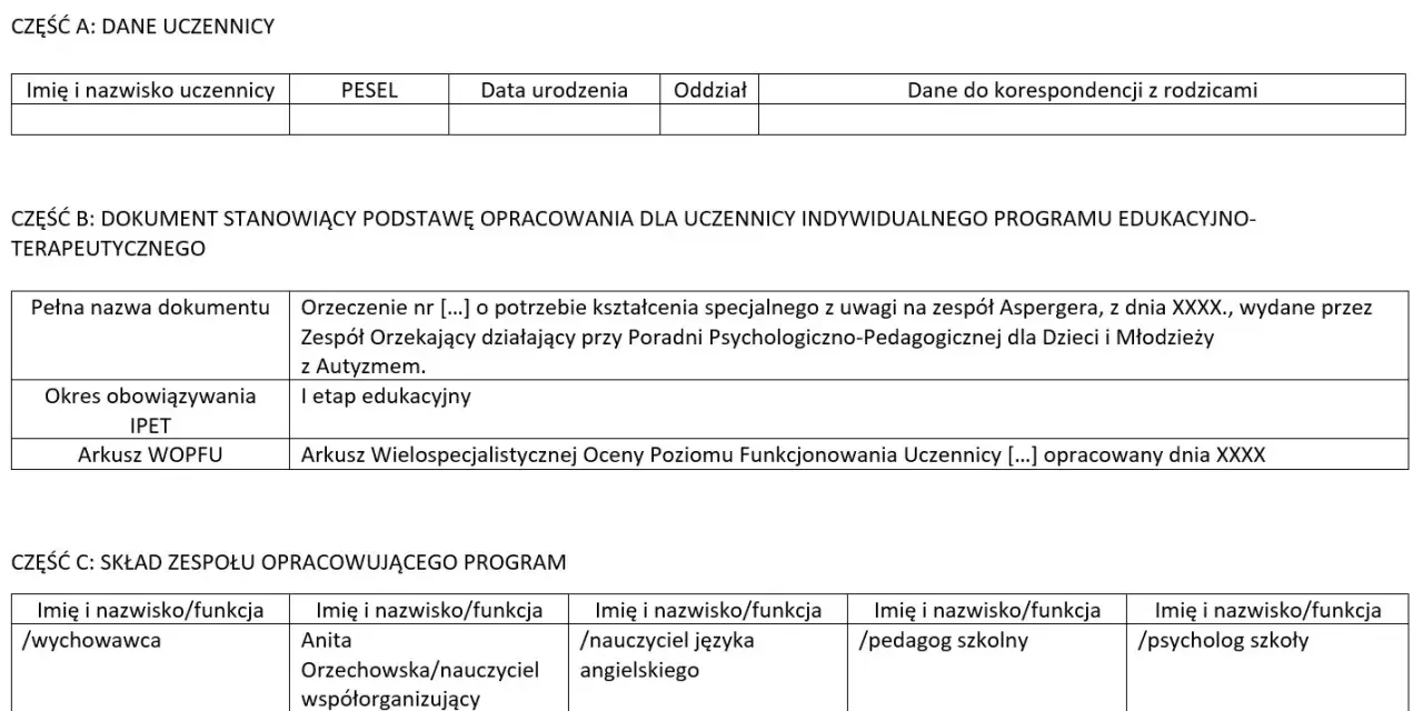 Formularz Indywidualnego Programu Edukacyjno-Terapeutycznego (IPET). Sekcja B zawiera informacje o orzeczeniu i etapie edukacyjnym.