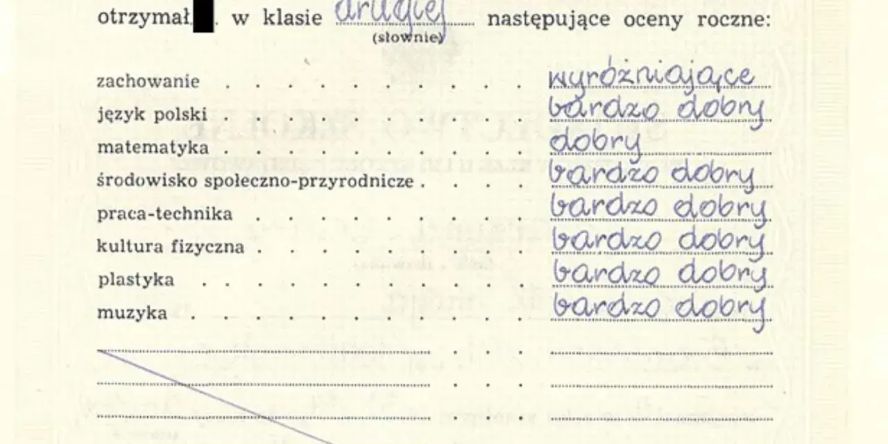 Świadectwo z ocenami rocznymi: zachowanie wyróżniające, język polski bardzo dobry, matematyka dobry. Zasady oceniania w drugiej klasie.