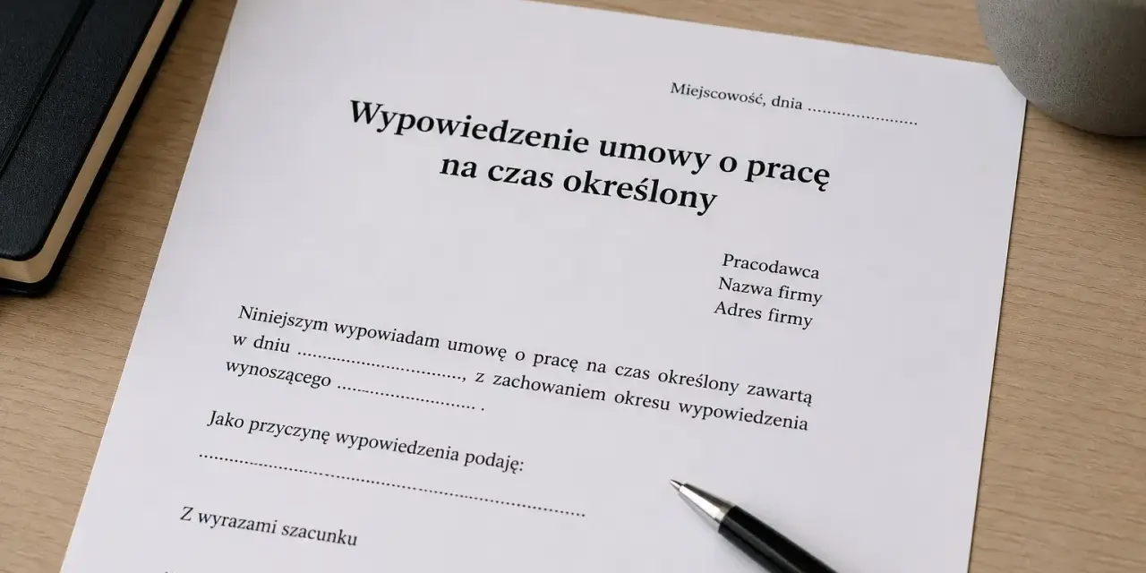 Dokument "Wypowiedzenie umowy o pracę na czas określony" leży na biurku obok długopisu.