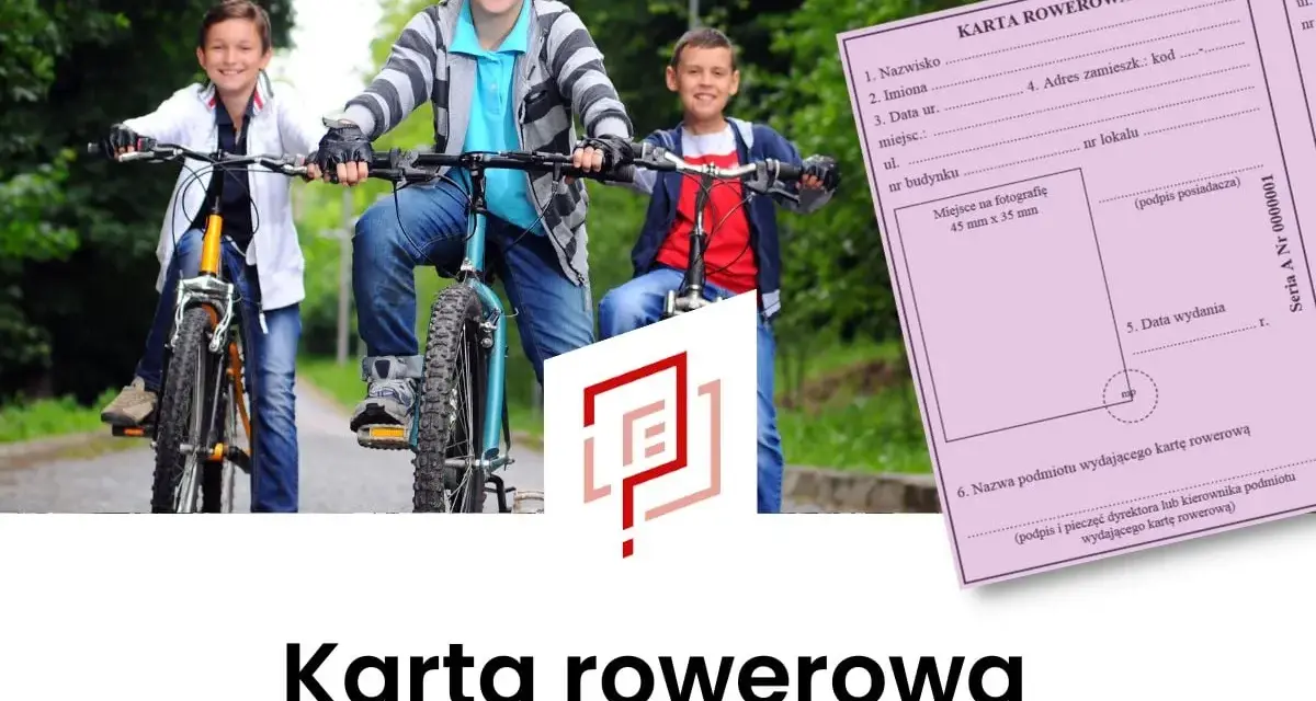 Trzech uśmiechniętych chłopców na rowerach. Obok różowa karta rowerowa, na której widnieje pole "Nazwa podmiotu wydającego kartę rowerową".