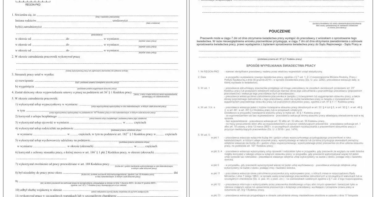 Świadectwo pracy - dokument potwierdzający zatrudnienie i przebieg pracy.
