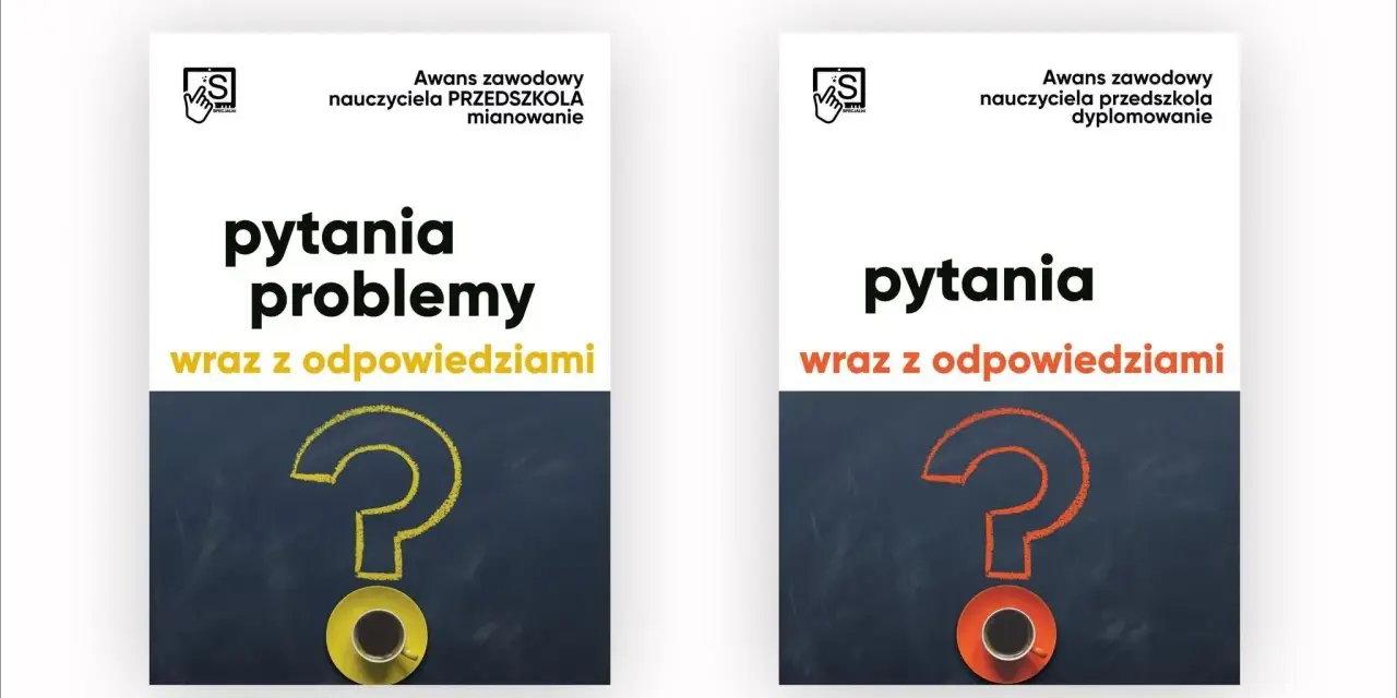 Dwa plakaty z pytajnikami narysowanymi kredą na tablicy i filiżankami kawy.