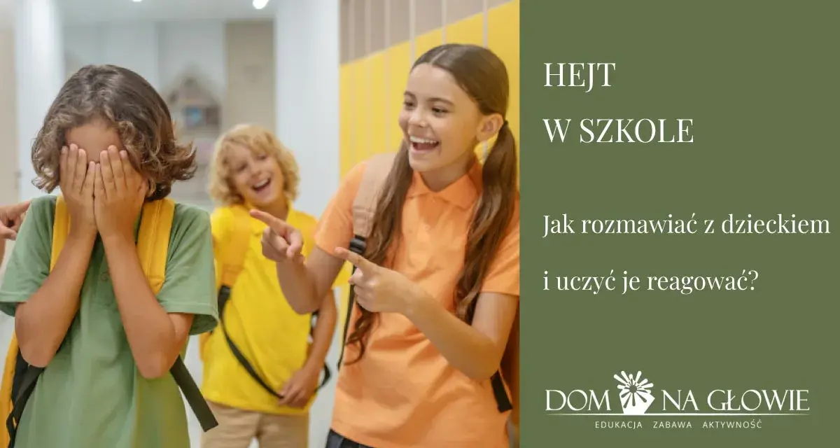 Dziecko zakrywa twarz, podczas gdy inne dzieci śmieją się i wskazują palcami. Obraz symbolizuje hejt w szkole i potrzebę rozmowy z dziećmi.