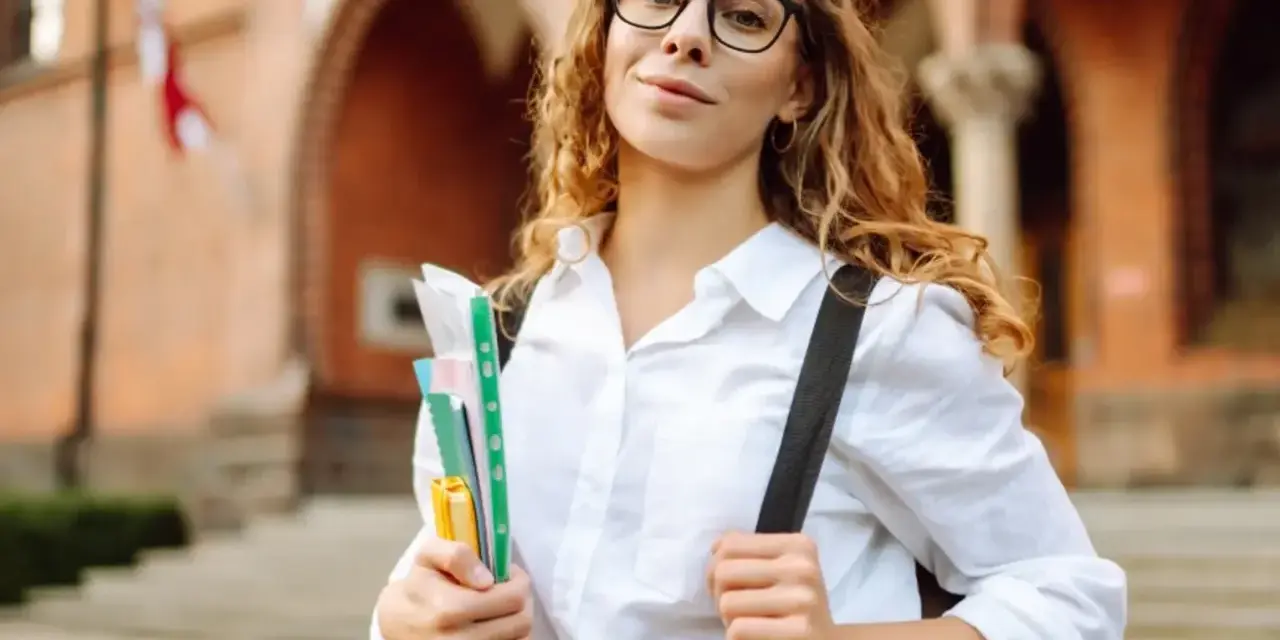 Studentka z okularami i zeszytami, gotowa do nauki. Jej klasyfikacja jako pilnej uczennicy jest oczywista.