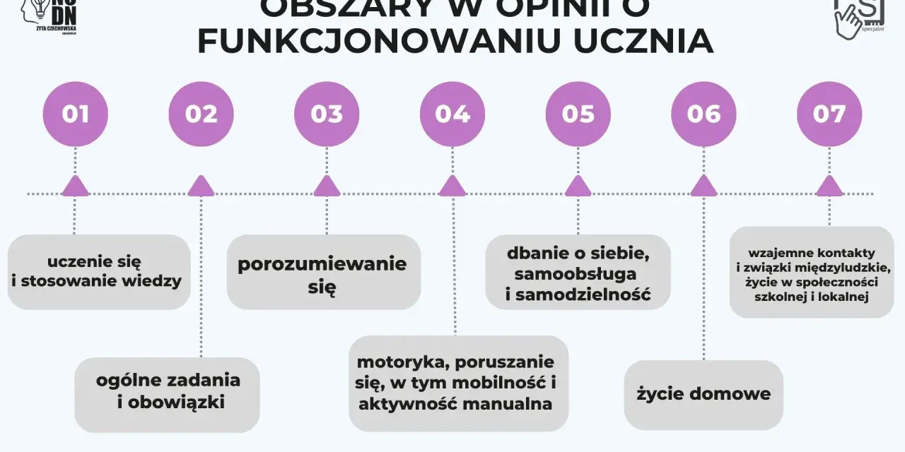 Obszary w opinii o funkcjonowaniu ucznia: uczenie się, porozumiewanie się, dbanie o siebie, kontakty międzyludzkie, życie domowe.