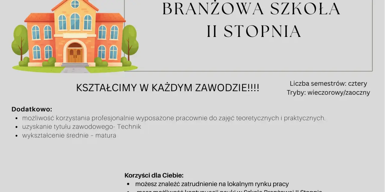 Szkoła Branżowa II Stopnia kształci w zawodach, oferując praktyczne pracownie i możliwość zdobycia tytułu technika.