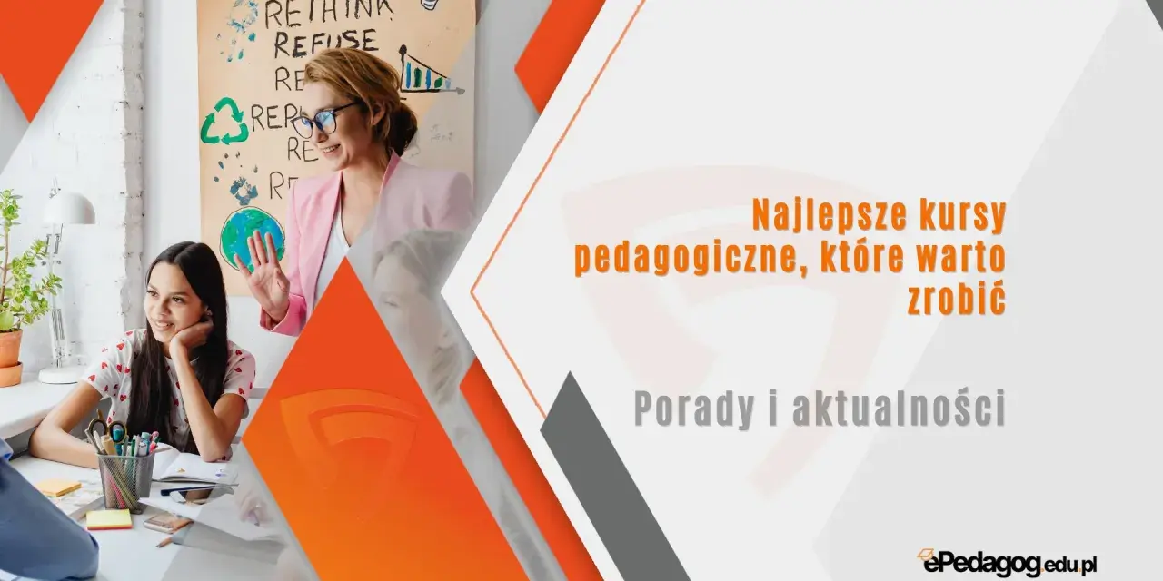 Nauczycielka prowadzi kurs pedagogiczny. Uczniowie słuchają z uwagą. Na plakacie hasła "Rethink, Refuse, Repurpose".