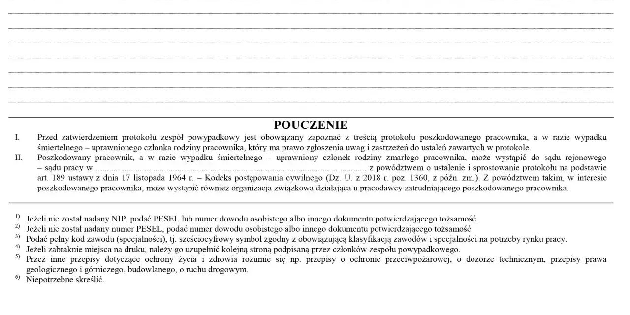 Instrukcja do protokołu powypadkowego: zapoznanie z treścią, dane poszkodowanego, możliwość odwołania do sądu.