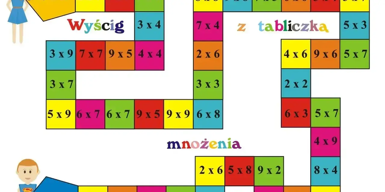 Plansza do gry "Wyścig z tabliczką mnożenia" pomoże dziecku nauczyć się mnożenia.