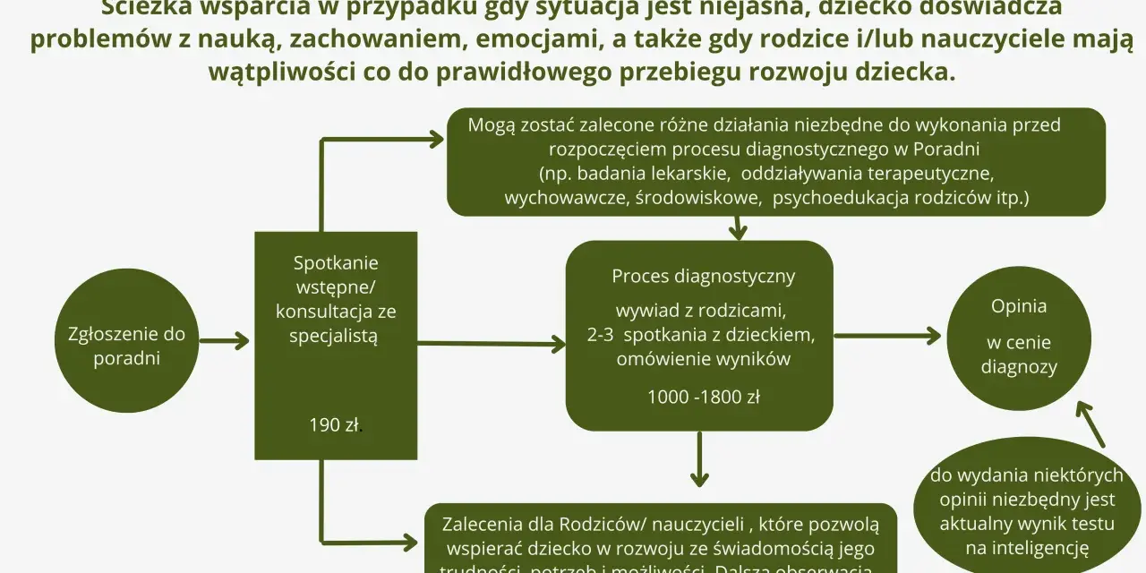 Schemat ścieżki wsparcia dla dzieci z trudnościami. Proces obejmuje zgłoszenie, konsultację, diagnozę psychologiczną, zalecenia i opinię.