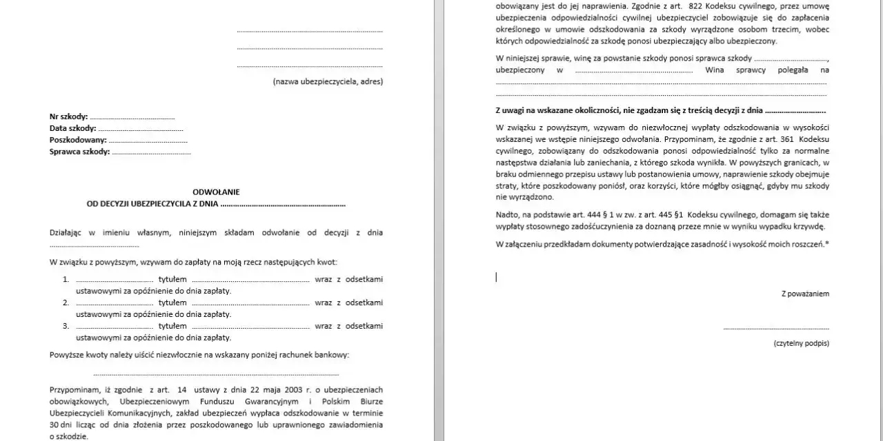 Odwołanie od decyzji ubezpieczyciela, wzywające do zapłaty odszkodowania i zadośćuczynienia. Decyzja administracyjna jest podstawą do dalszych działań.