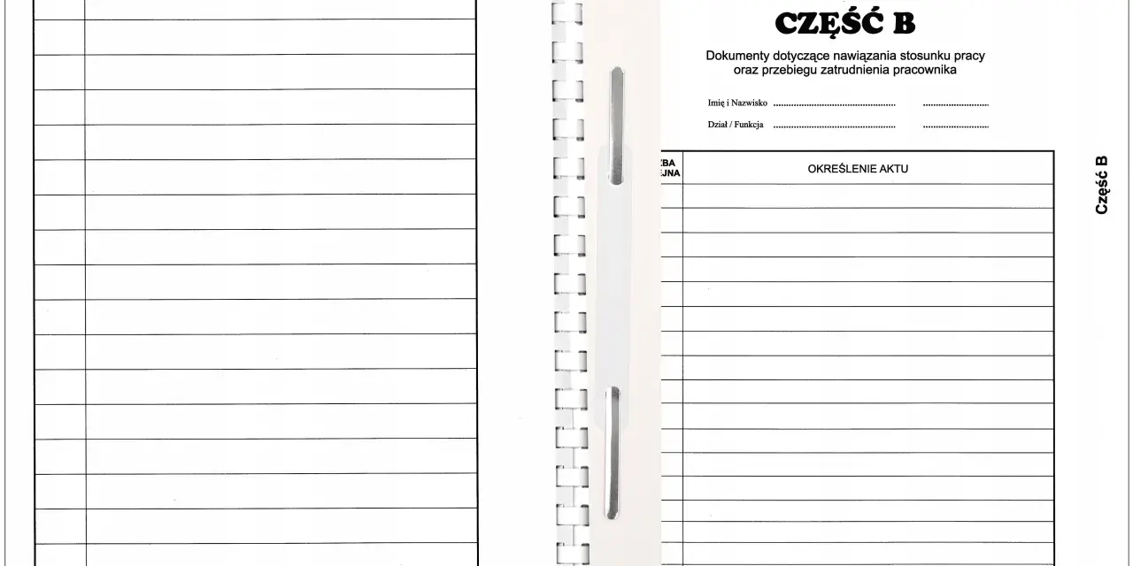 Otwarta teczka z dokumentami, po lewej puste rubryki, po prawej "Akta osobowe część B" z polami na dane pracownika i opis akt.
