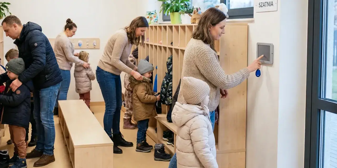 Rodzice z dziećmi w szatni, przygotowujący się do wyjścia. System kontroli zarządczej ułatwia zarządzanie wejściami i wyjściami.
