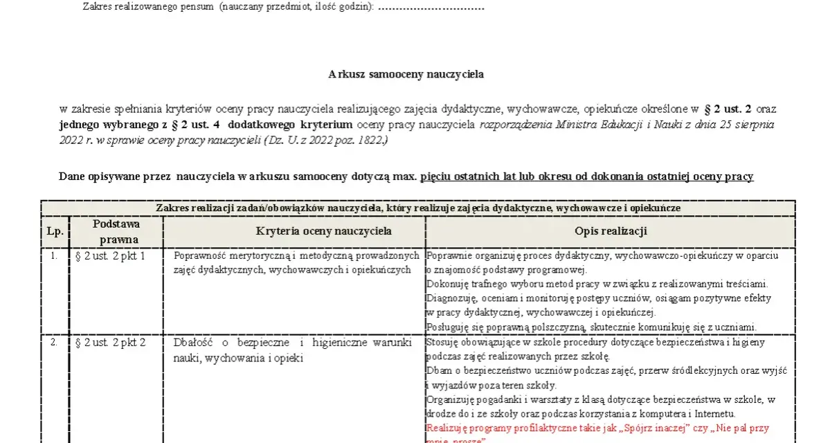 Arkusz samooceny nauczyciela zgodny z rozporządzeniem w sprawie oceny pracy nauczyciela.