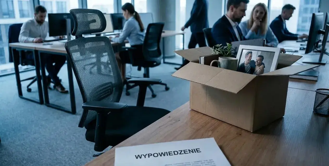Pudełko z osobistymi rzeczami i zdjęcie pary na biurku, obok dokument "Wypowiedzenie". To symbol likwidacji stanowiska pracy.