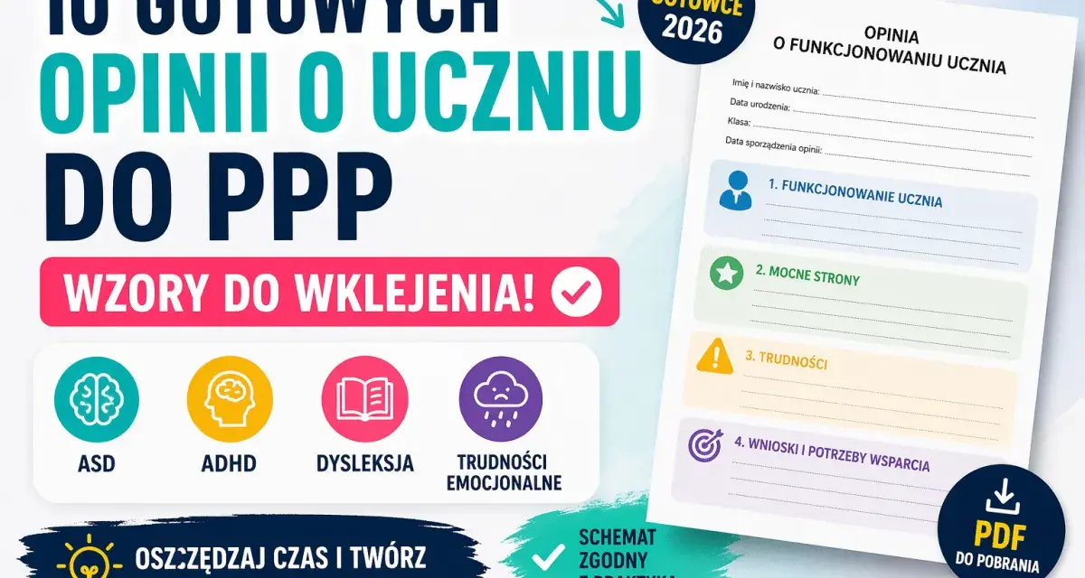 Gotowe wzory opinii o funkcjonowaniu dziecka w przedszkolu, obejmujące ASD, ADHD, dysleksję i trudności emocjonalne.
