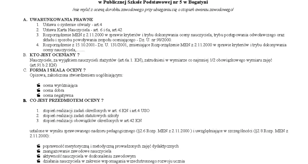 Ocena pracy nauczyciela mianowanego w Publicznej Szkole Podstawowej nr 5 w Bogatyni. Dokument określa kryteria, formę i skalę oceny.