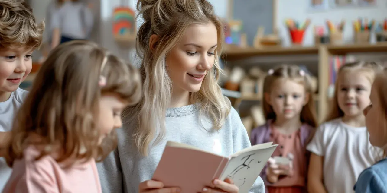 Nauczycielka czyta dzieciom bajkę. Zastanawiasz się, ile zarabia nauczyciel w przedszkolu? To praca pełna pasji, ale też wyzwań.