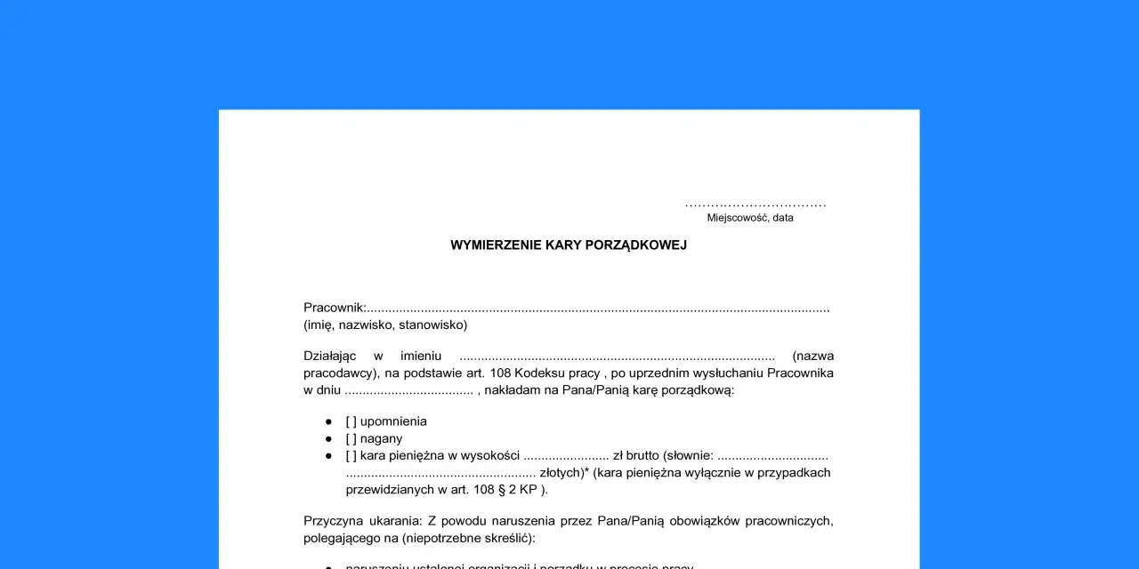 Dokument "Wymierzenie kary porządkowej" dla pracownika, który nie przeszedł szkolenie bhp.