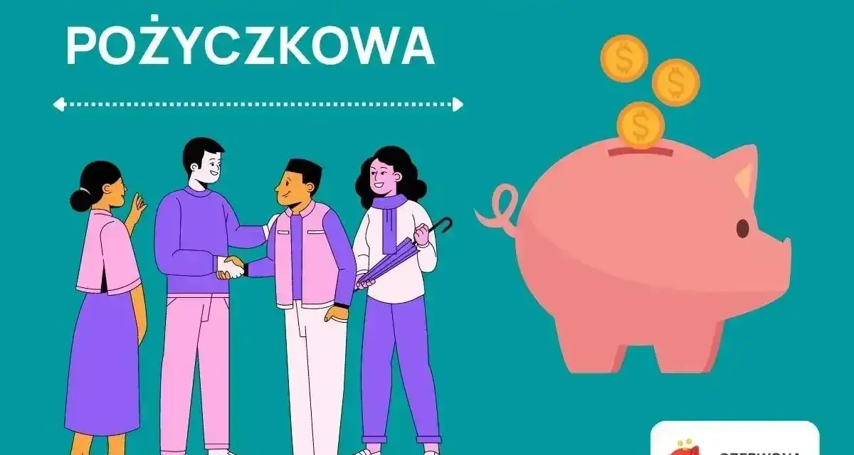 Kasa zapomogowo-pożyczkowa: ludzie zawierają umowę, a obok różowa świnka-skarbonka przyjmuje monety.