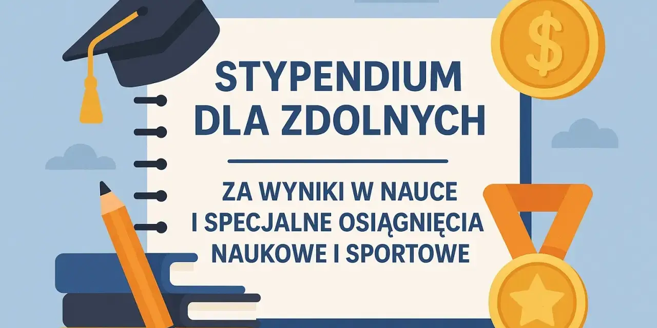 Stypendium w szkole podstawowej dla zdolnych uczniów za wyniki w nauce i osiągnięcia. Dyplom, biret, ołówek, książki, medale i moneta z dolarem.