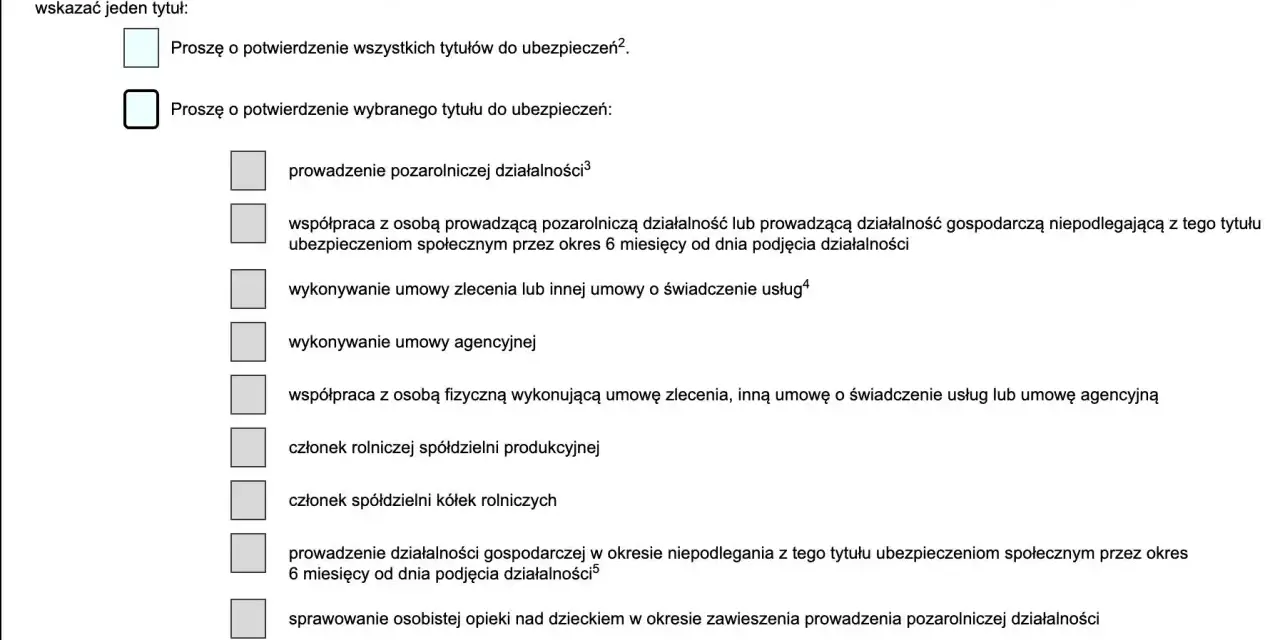 Formularz wniosku o potwierdzenie tytułów do ubezpieczeń, w tym umowa zlecenie.