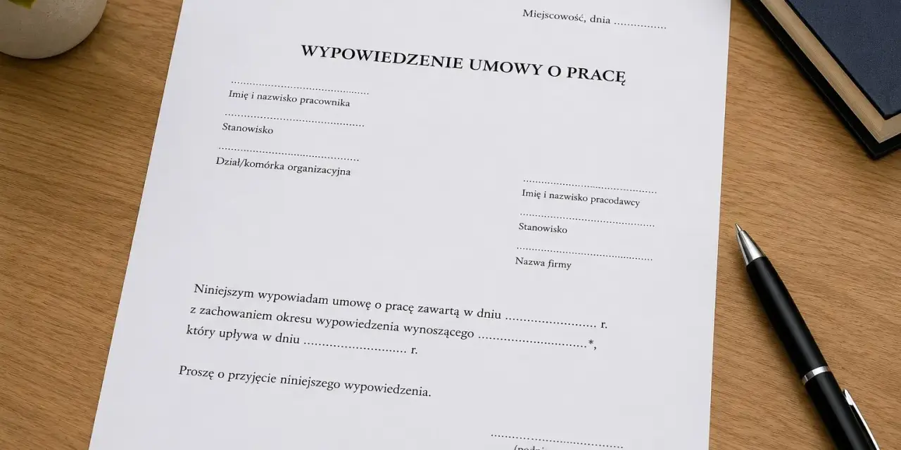 Dokument "Wypowiedzenie umowy o pracę" na biurku, gotowy do wypełnienia. To formalny krok w procesie rozwiązania umowy o pracę za wypowiedzeniem.