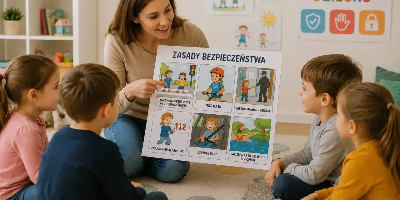 Nauczycielka omawia z dziećmi zasady bezpieczeństwa, pokazując ilustracje dotyczące przechodzenia przez ulicę, jazdy na rowerze i kontaktu z obcymi. Edukacja dla bezpieczeństwa jest kluczowa.