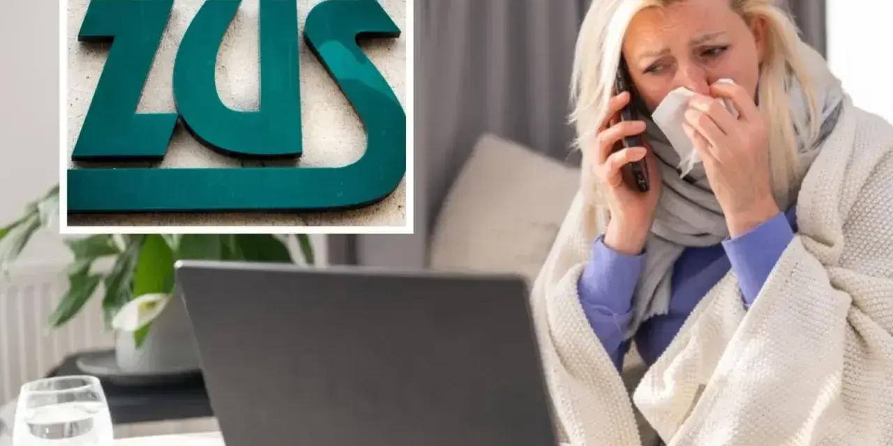 Chora kobieta rozmawia przez telefon, owinięta kocem, obok laptopa. W tle logo ZUS, sugerujące kontrolę L4.
