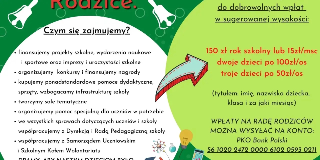 Rada Rodziców finansuje projekty, organizuje konkursy i dba o rozwój szkoły. Zachęcamy do dobrowolnych wpłat.