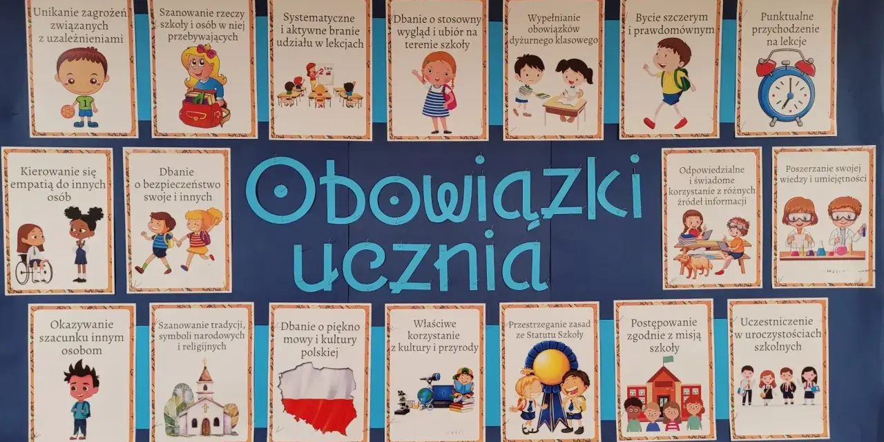 Tablica z ilustracjami przedstawiającymi obowiązki ucznia: punktualność, dbanie o bezpieczeństwo, szacunek, empatię i inne.