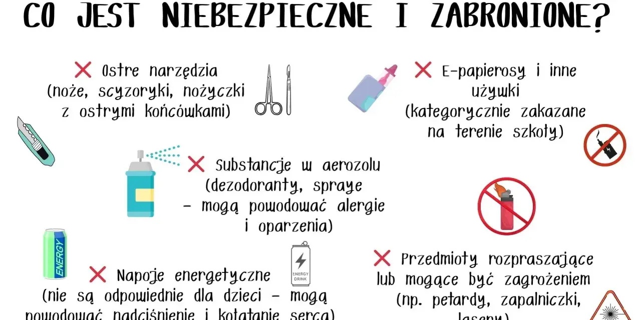 Bezpieczeństwo w szkole: zakazane ostre narzędzia, aerozole, e-papierosy, napoje energetyczne, petardy, zapalniczki i lasery.